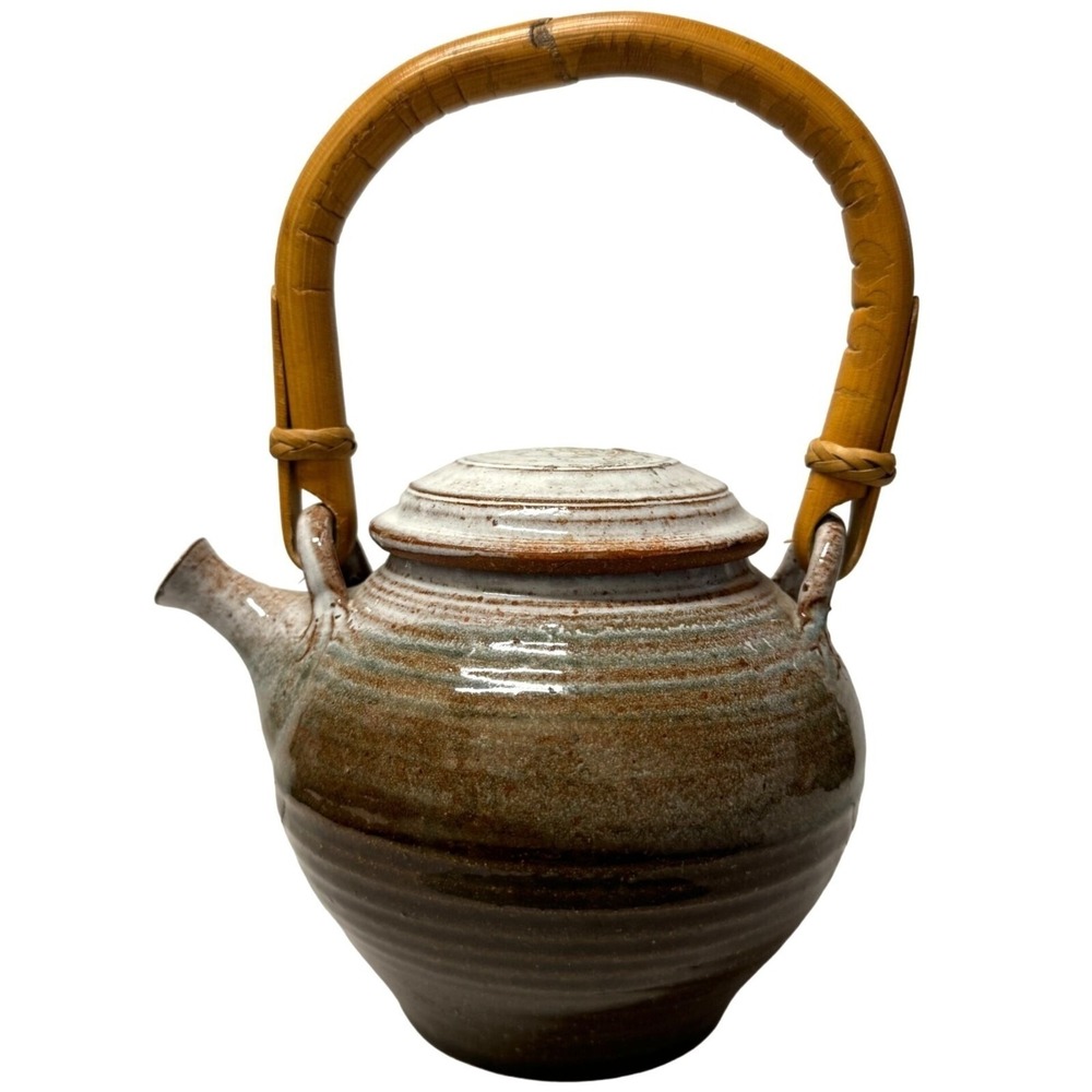 VTG Studio Art Pottery Ceramic Stoneware Brown Beige Teapot Bamboo Handle Signed